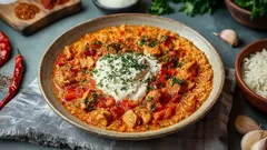 Jantar simples em um dia de semana: frango assado com pimentão e arroz.